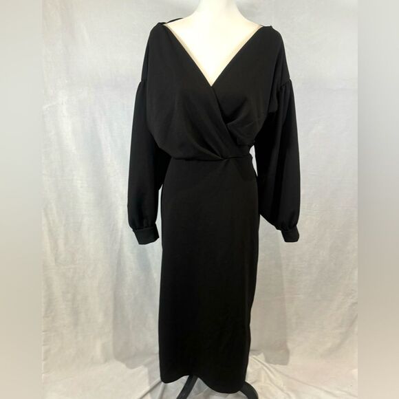 Missguided plus black long sleeve wrap belted midi dress size 18 NWT - Picture 6 of 12